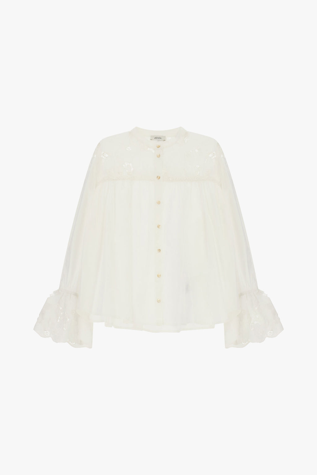Camicia ampia con maniche volant e ricami floreali