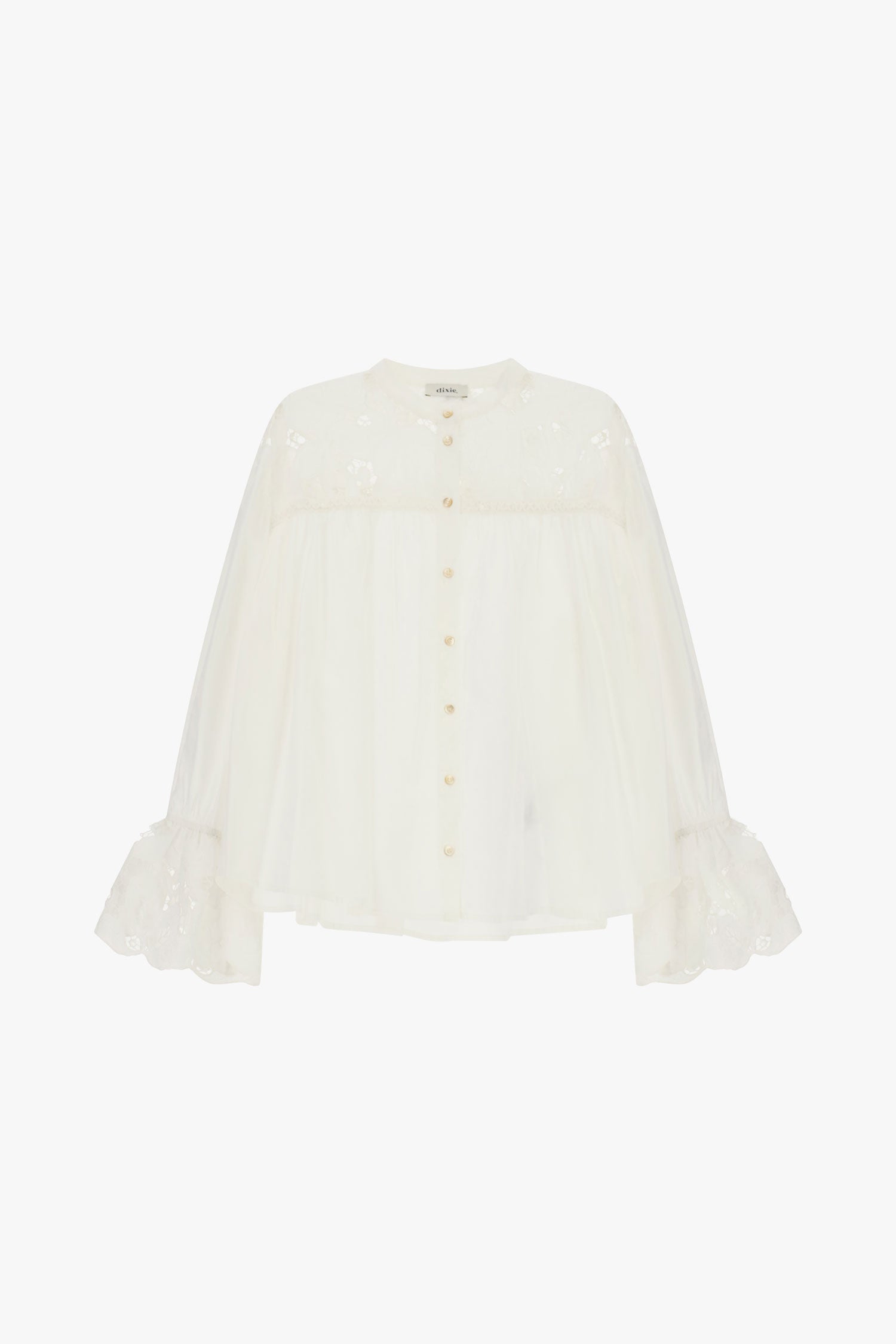 Camicia ampia con maniche volant e ricami floreali