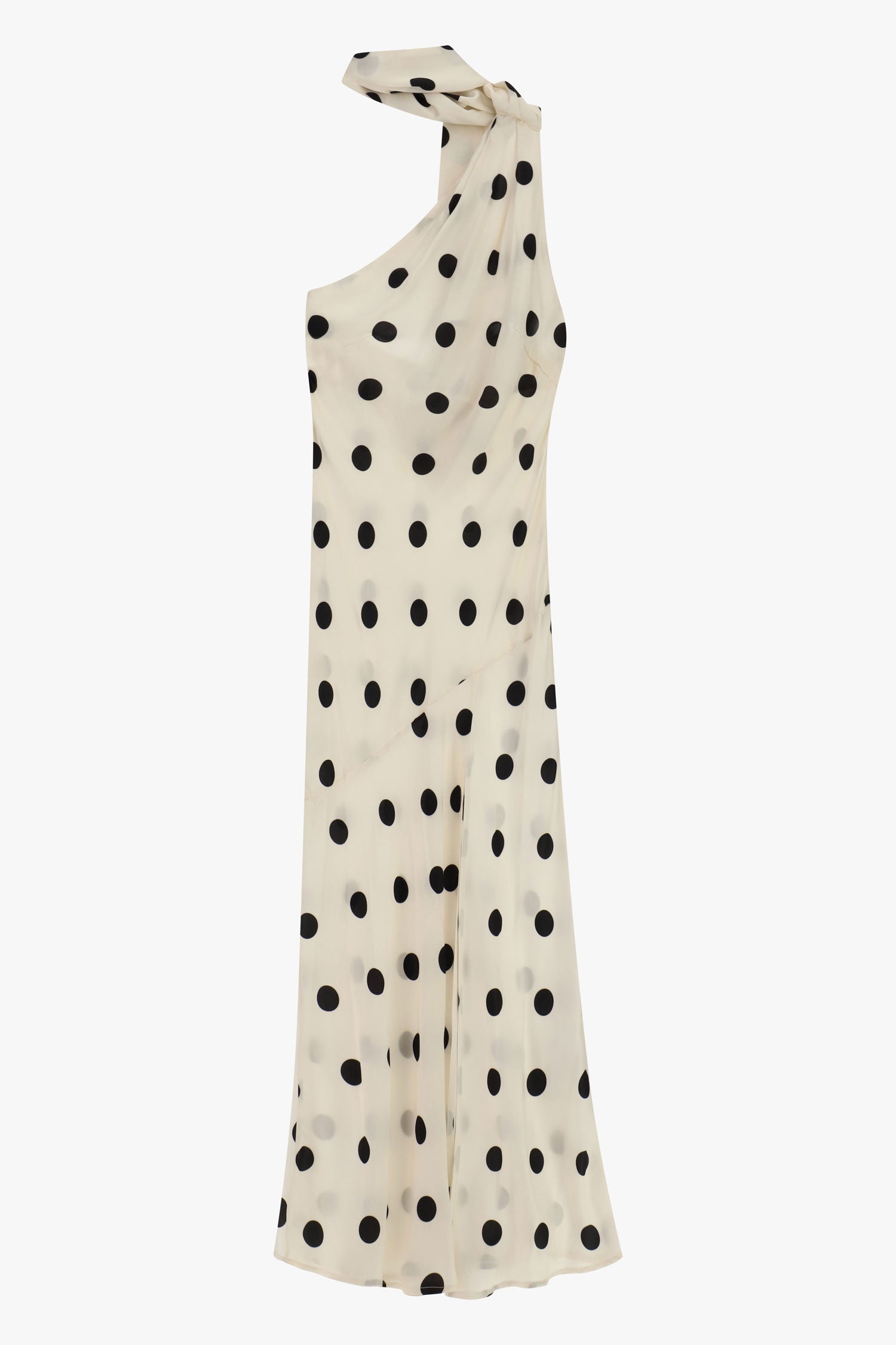 Abito lungo monospalla a pois con nodo sul collo