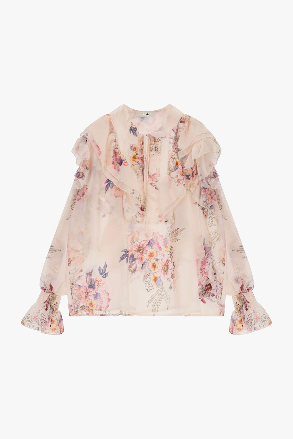 Blusa a fiori con volant manica lunga