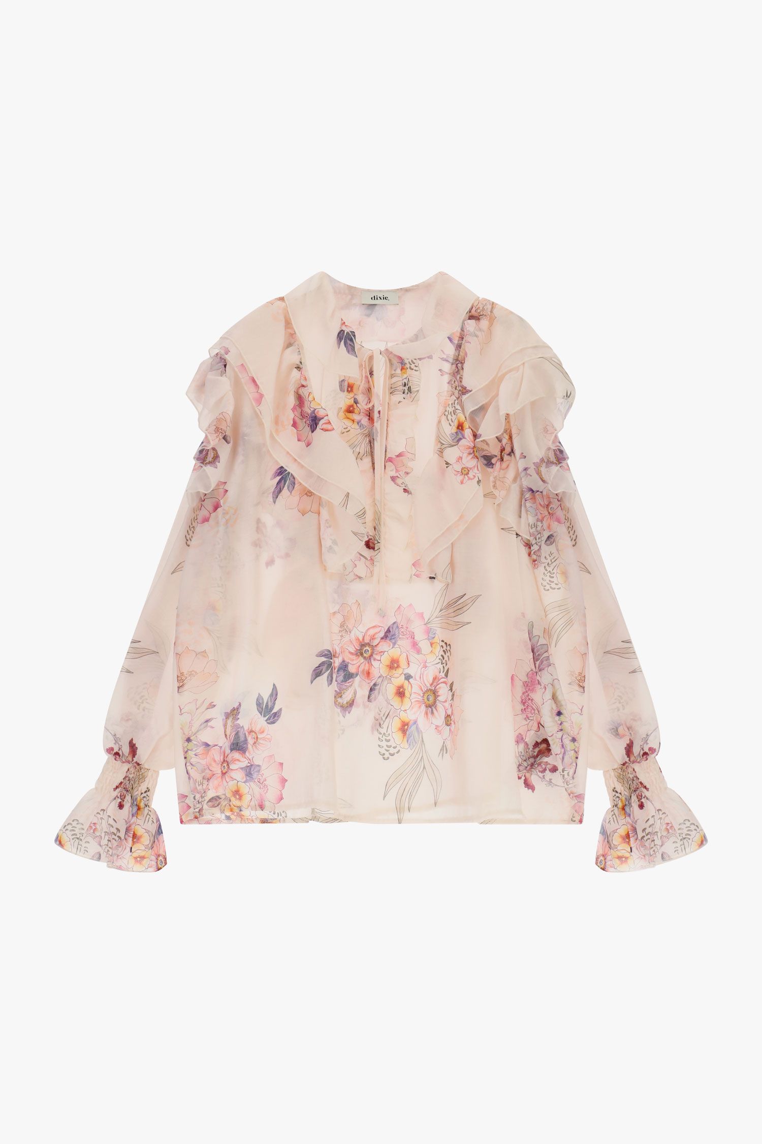 Blusa a fiori con volant manica lunga