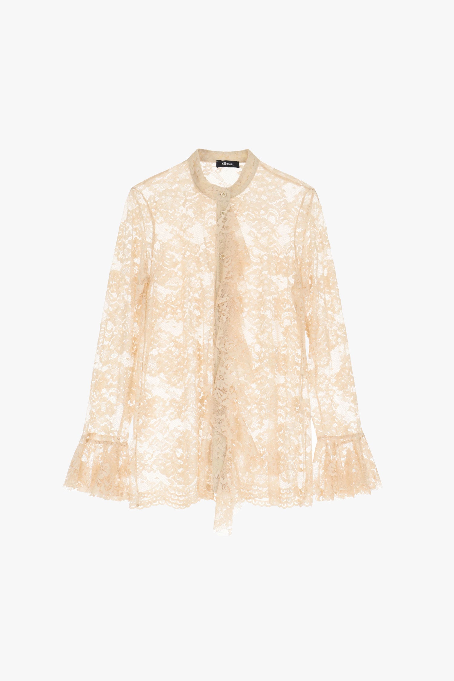 Camicia in pizzo con collo coreano e maniche lunghe