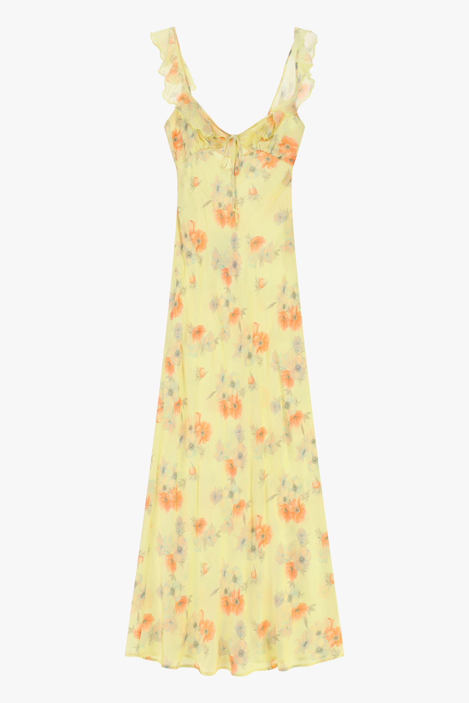 Abito lungo con scollo a cuore e volant