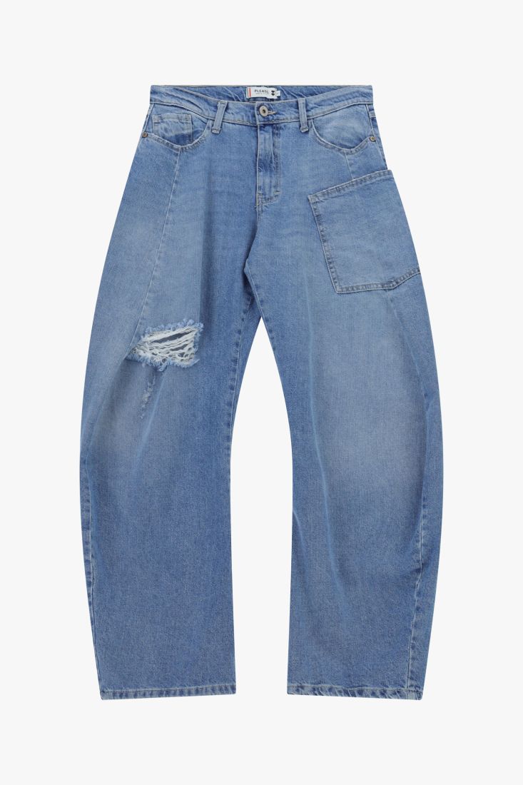 Jeans wide leg strappo e tasca applicata