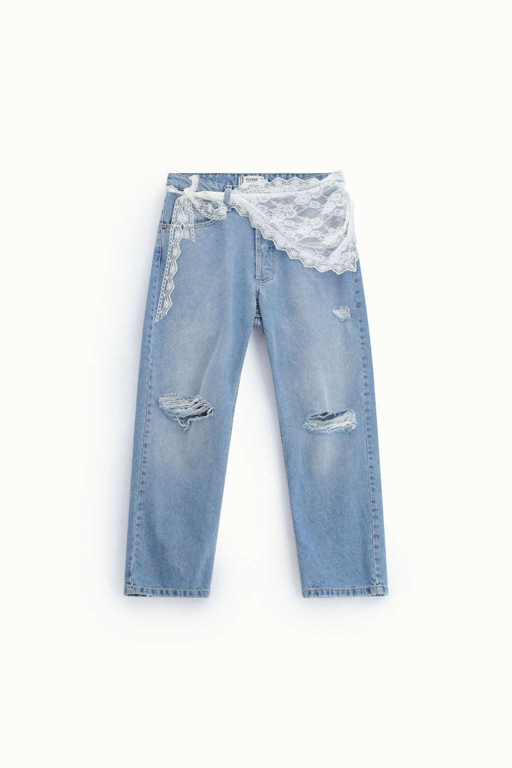 Jeans straight-leg con strappi e dettaglio pizzo