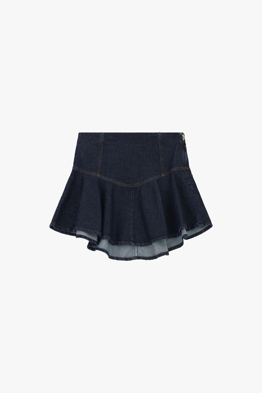 Gonna corta denim con balza svasata