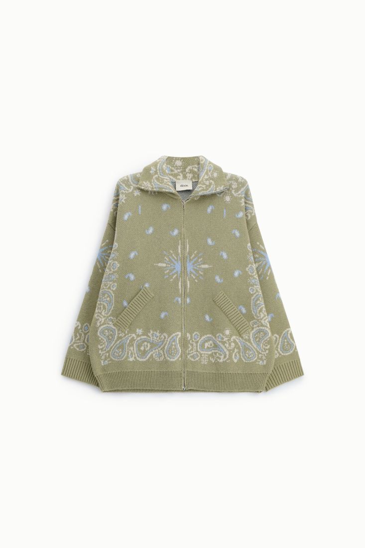 Cardigan jacquard zip con collo polo e tasche