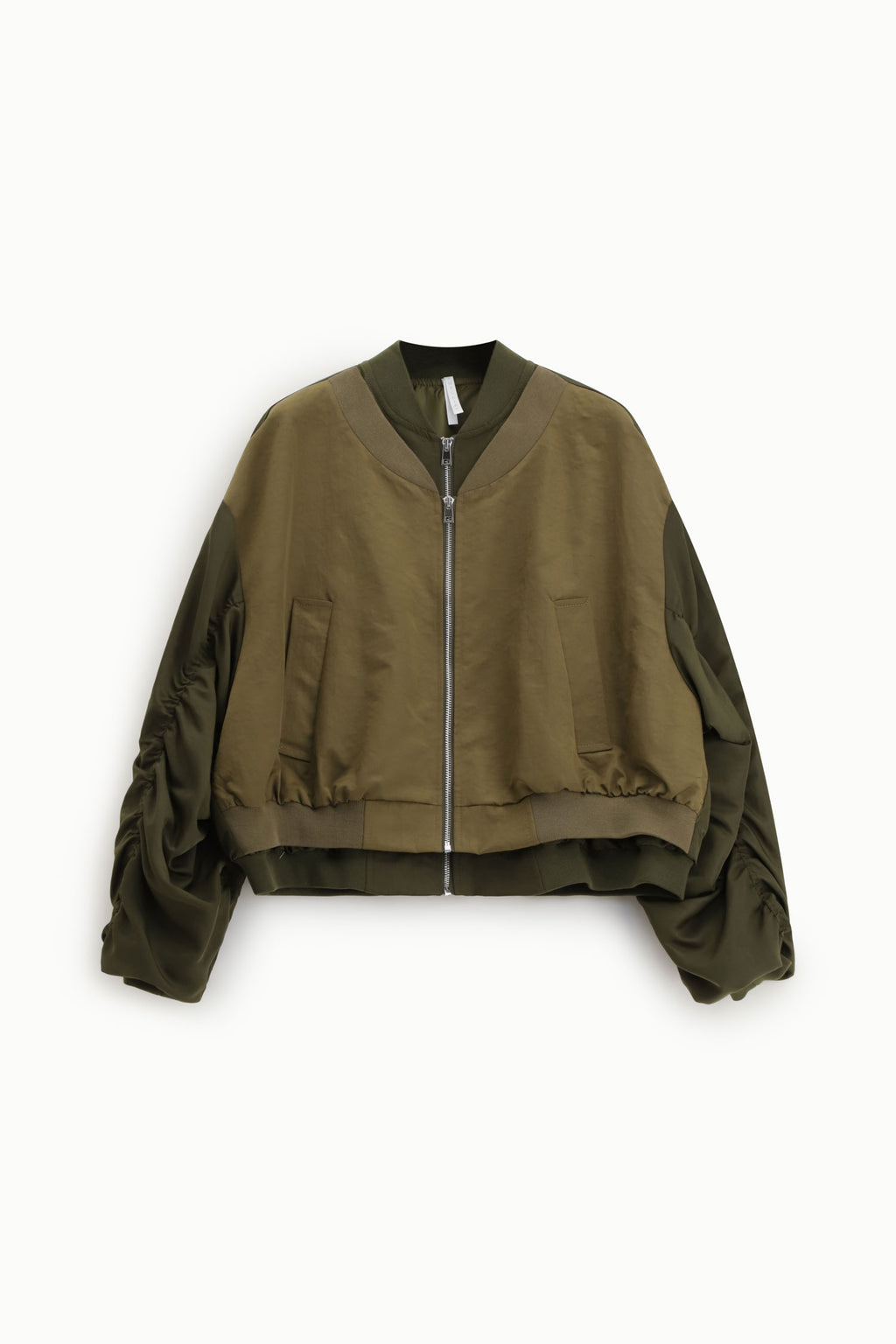 Bomber corto con maniche arricciate e zip frontale
