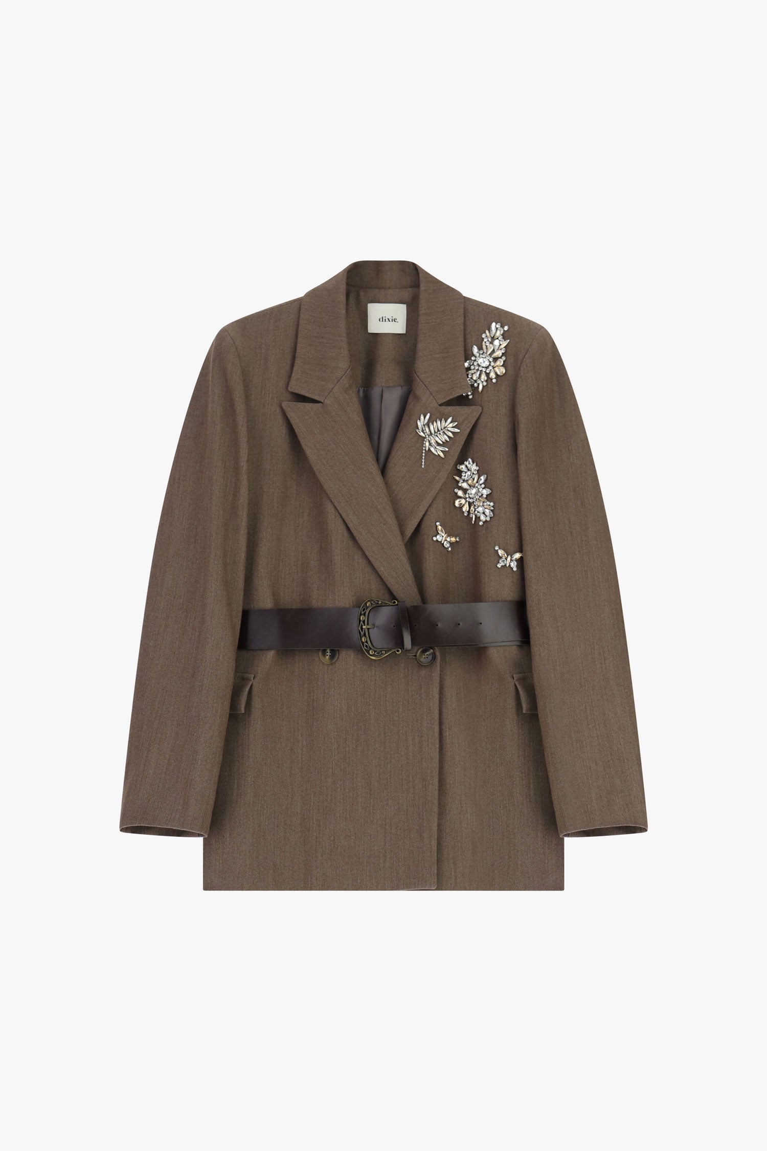 Blazer doppio petto con cintura e applicazioni gioiello