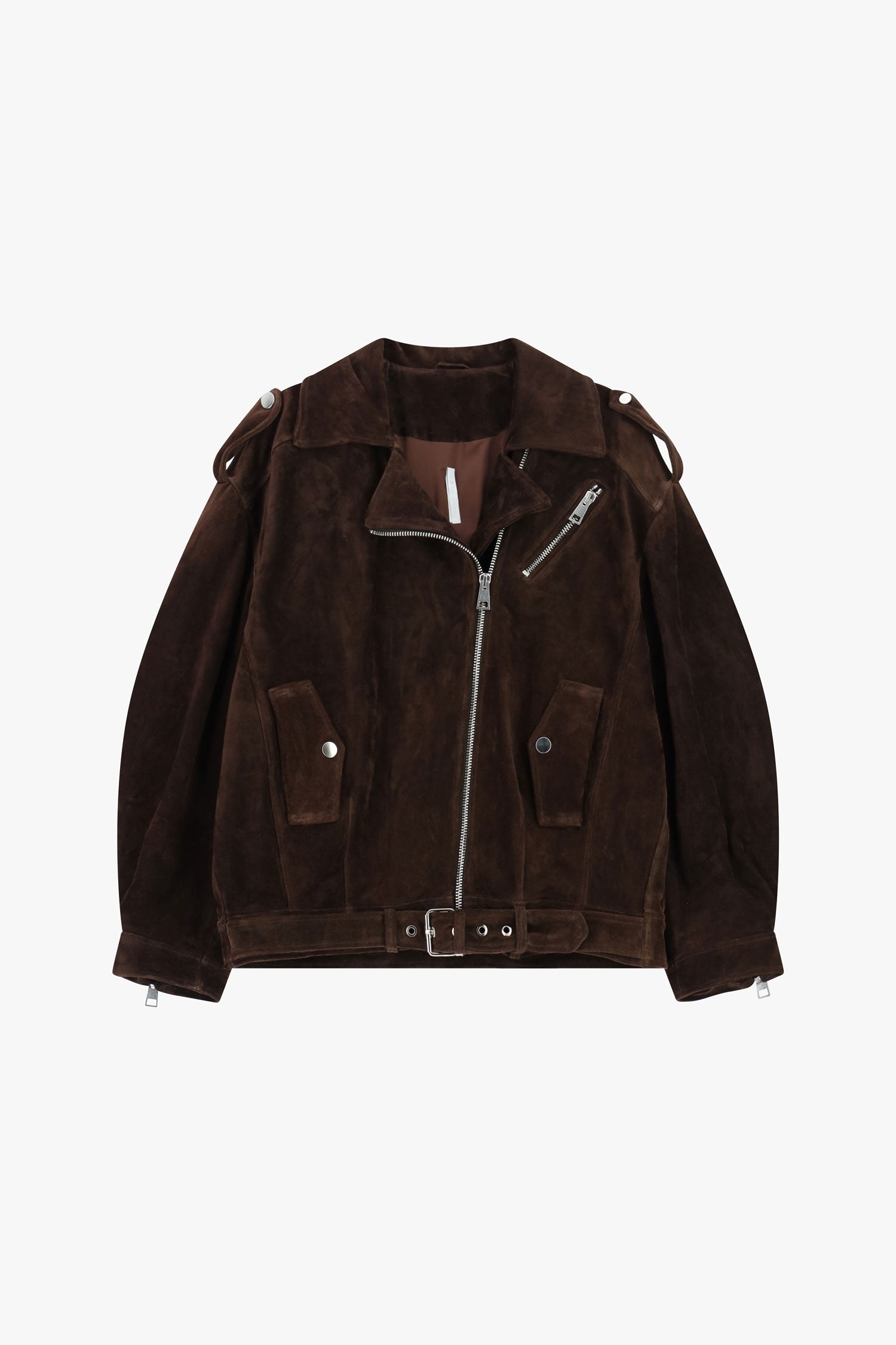 Giacca in pelle con zip asimmetrica e cintura