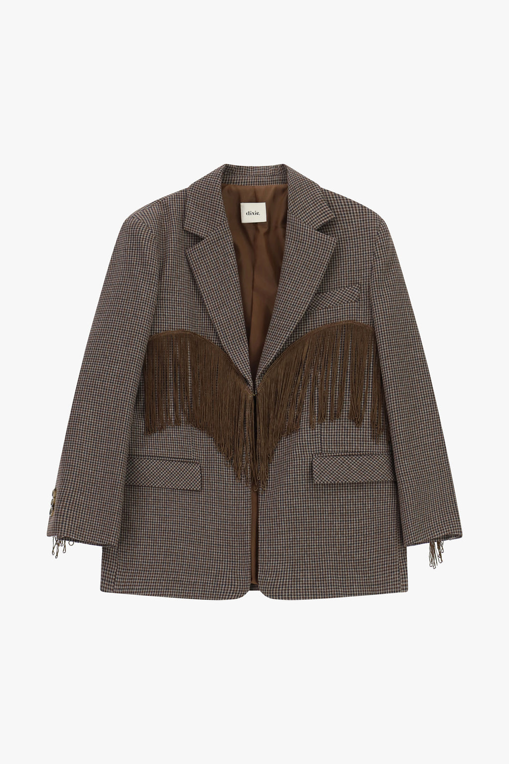Blazer fantasia micro-check con frange decorative