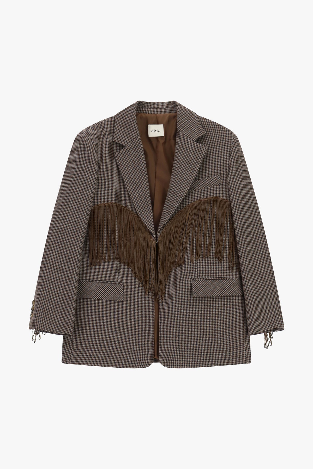Blazer fantasia micro-check con frange decorative