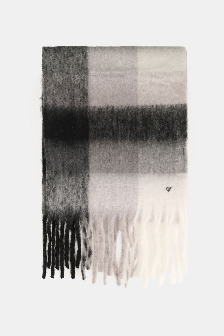 Sciarpa a quadri con frange e dettagli colorati