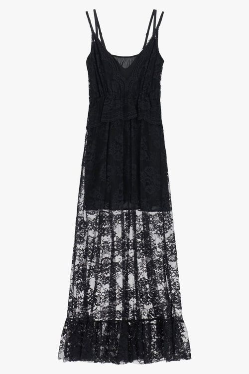 Abito lungo con pizzo e balza sul fondo