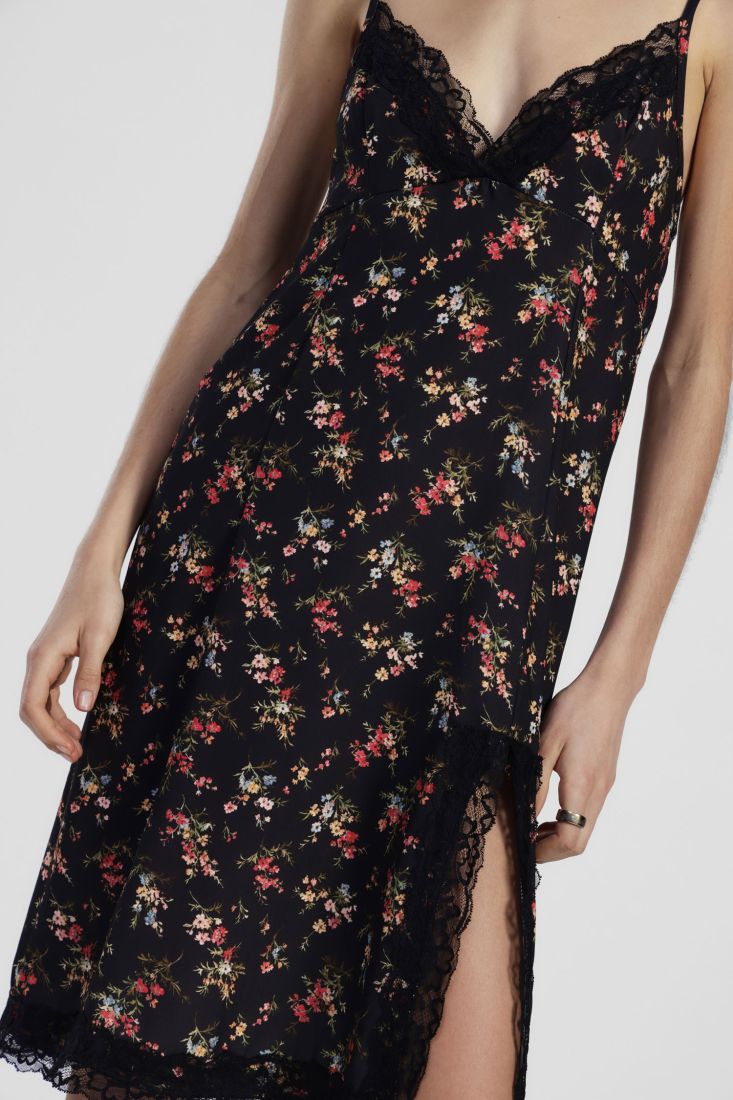 Vestito midi stampa floreale con pizzo e spacco