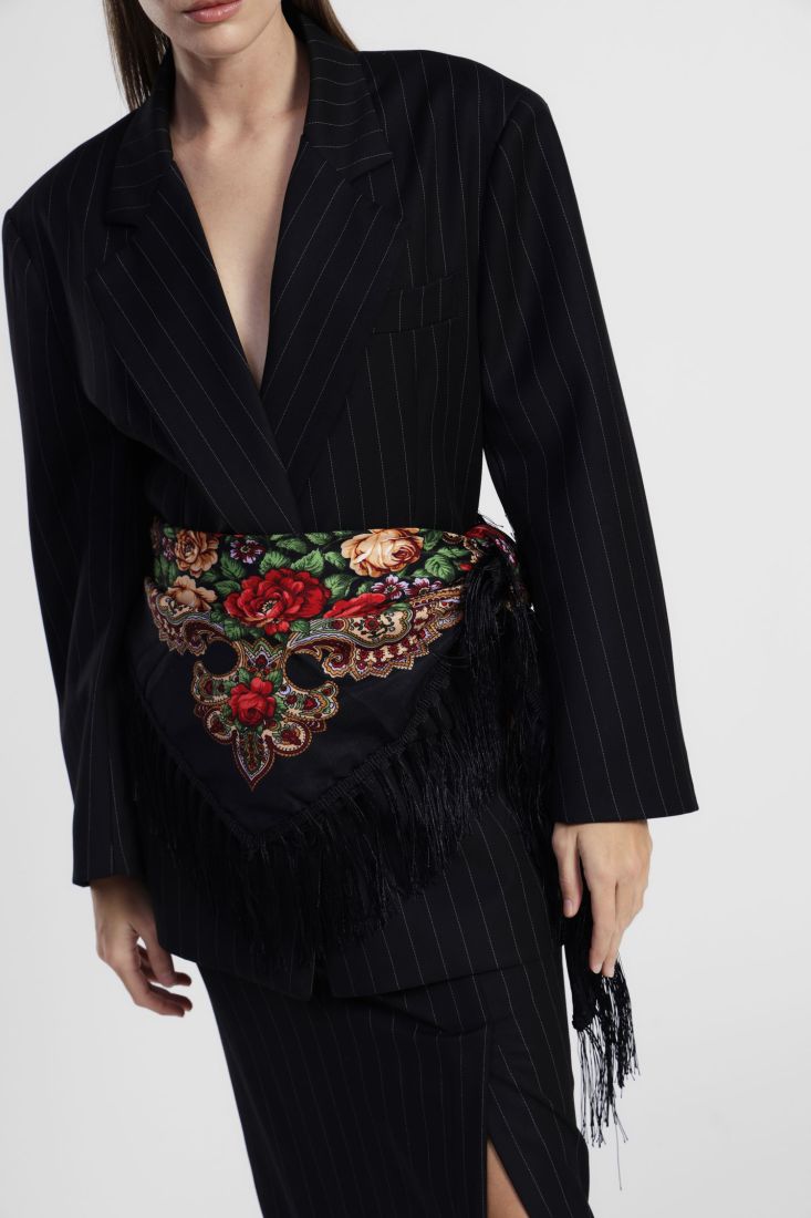 Blazer a righe con fusciacca stampata e frange