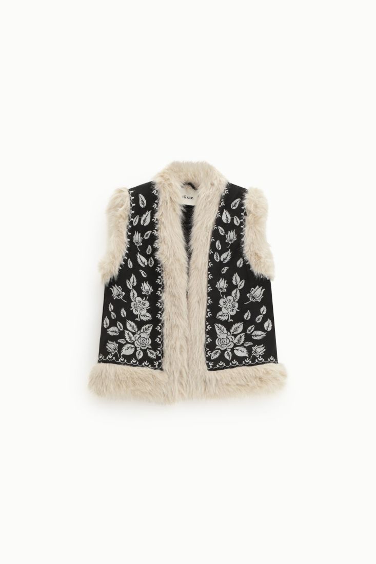 Gilet ricamato con bordi in pelliccia sintetica