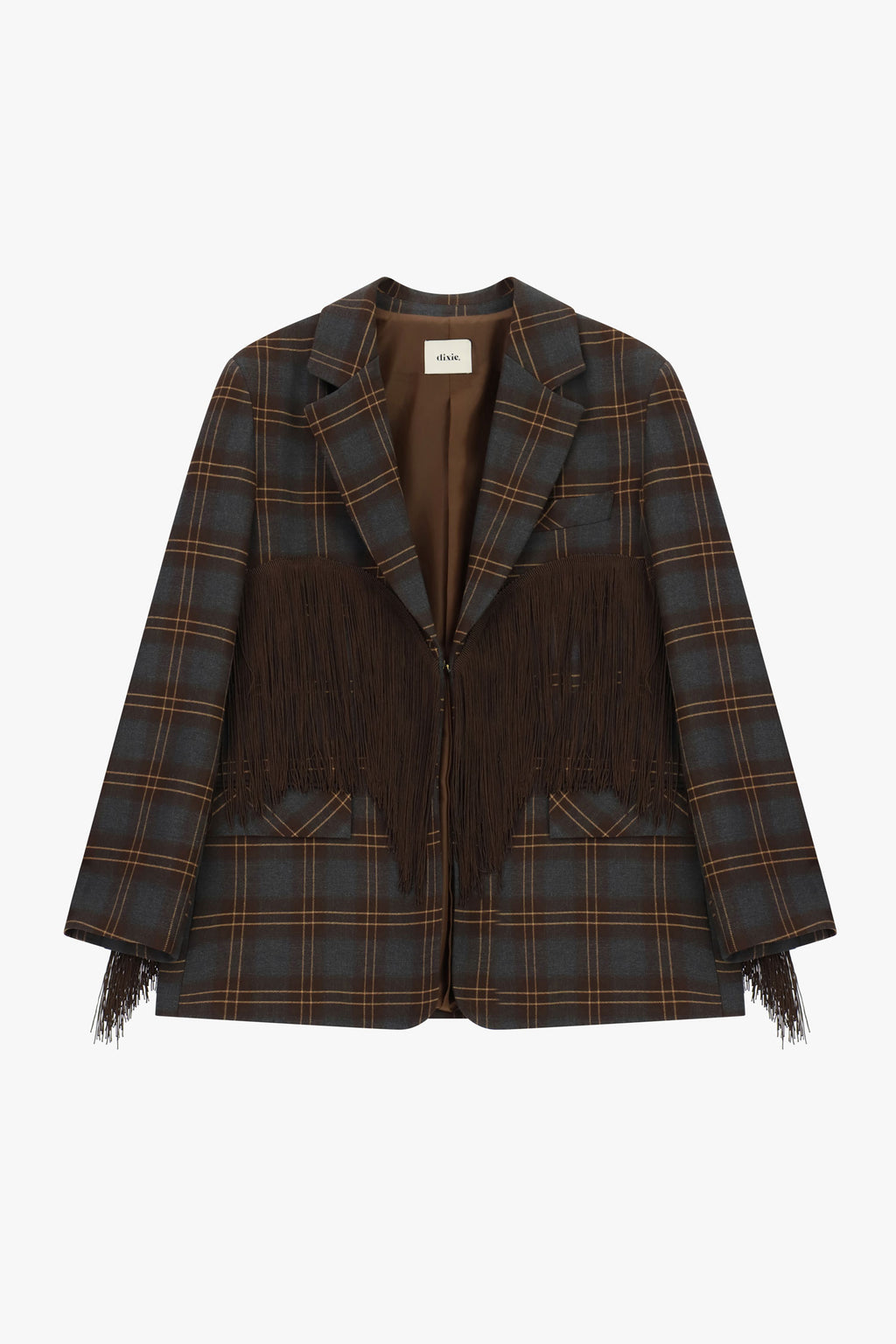 Blazer a quadri con frange decorative