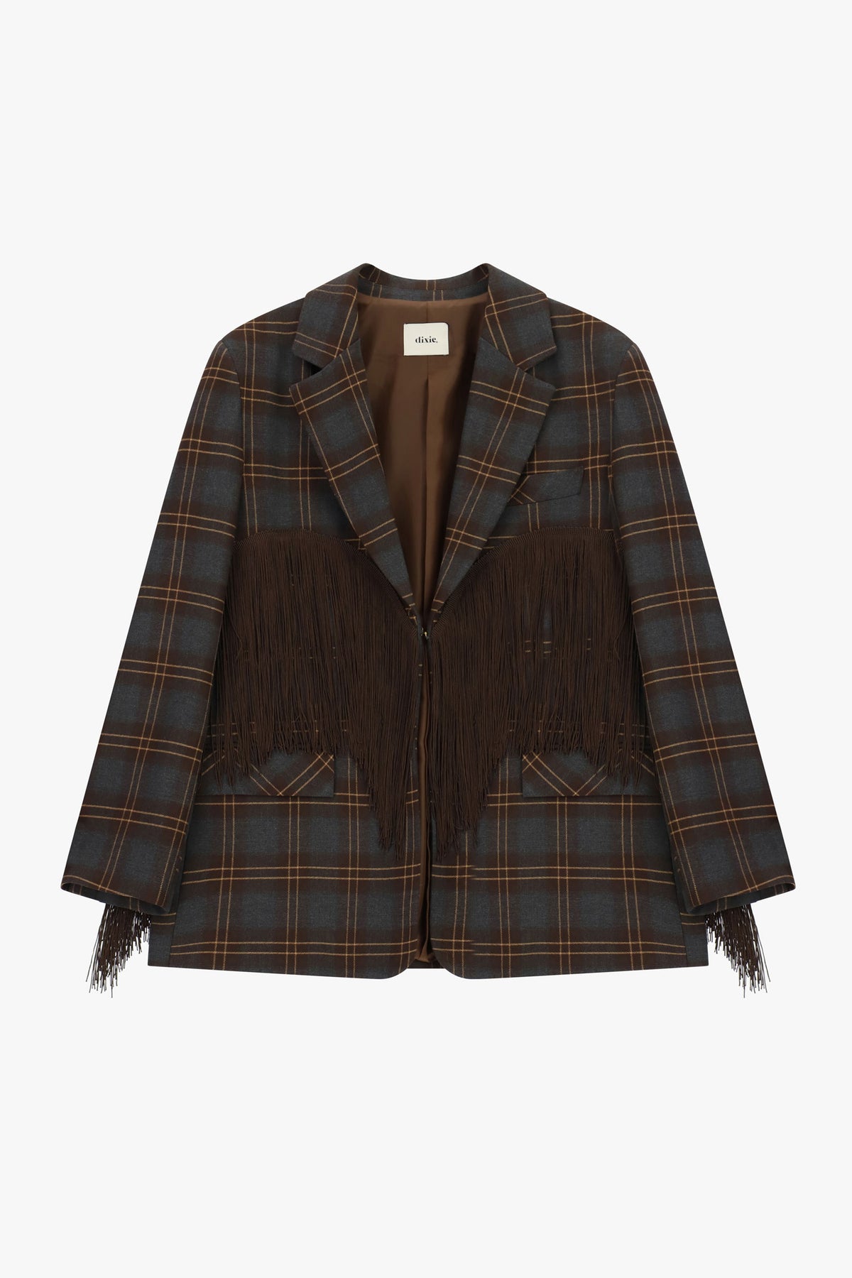 Blazer a quadri con frange decorative