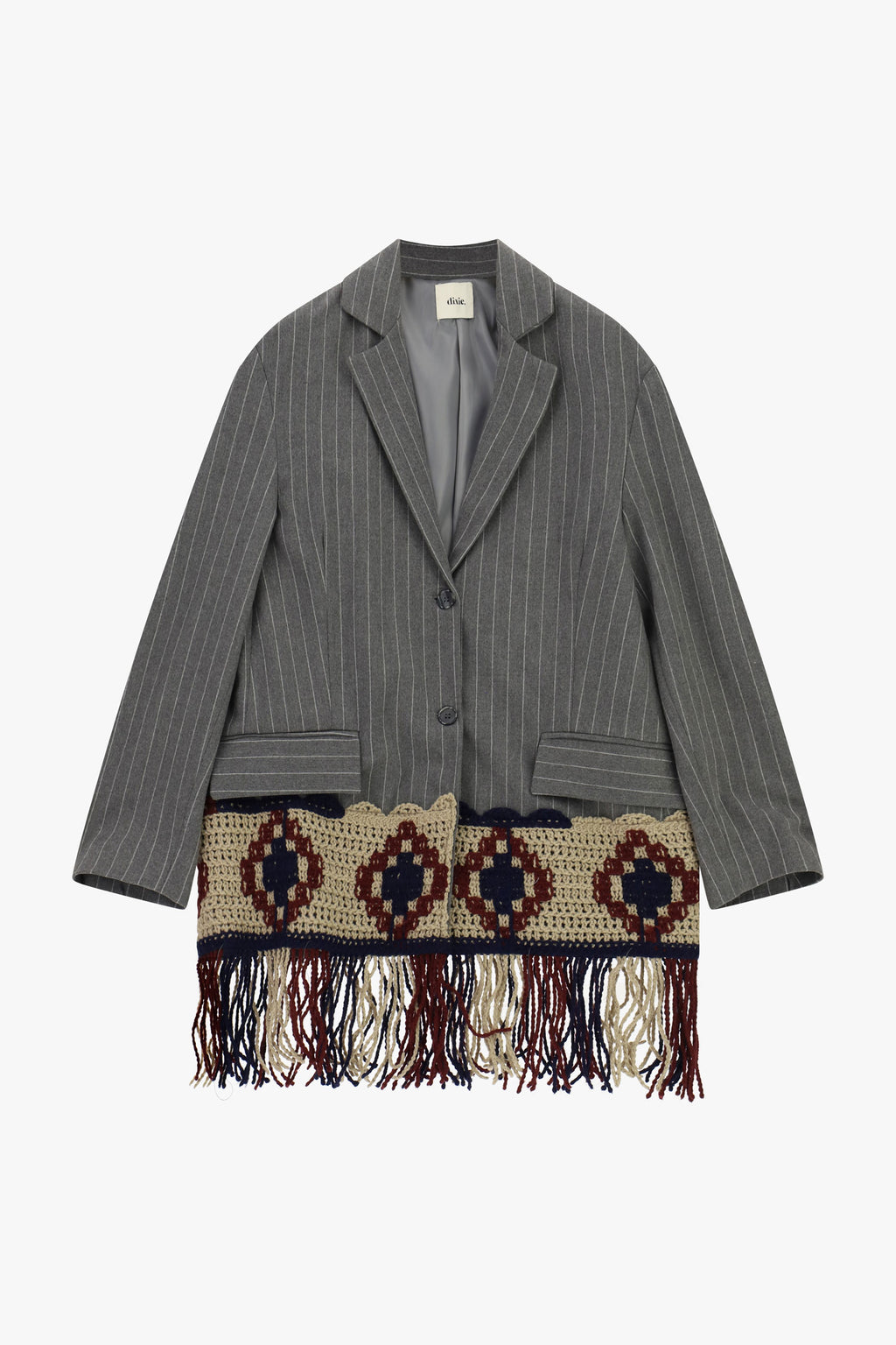 Blazer a righe con inserti crochet e frange