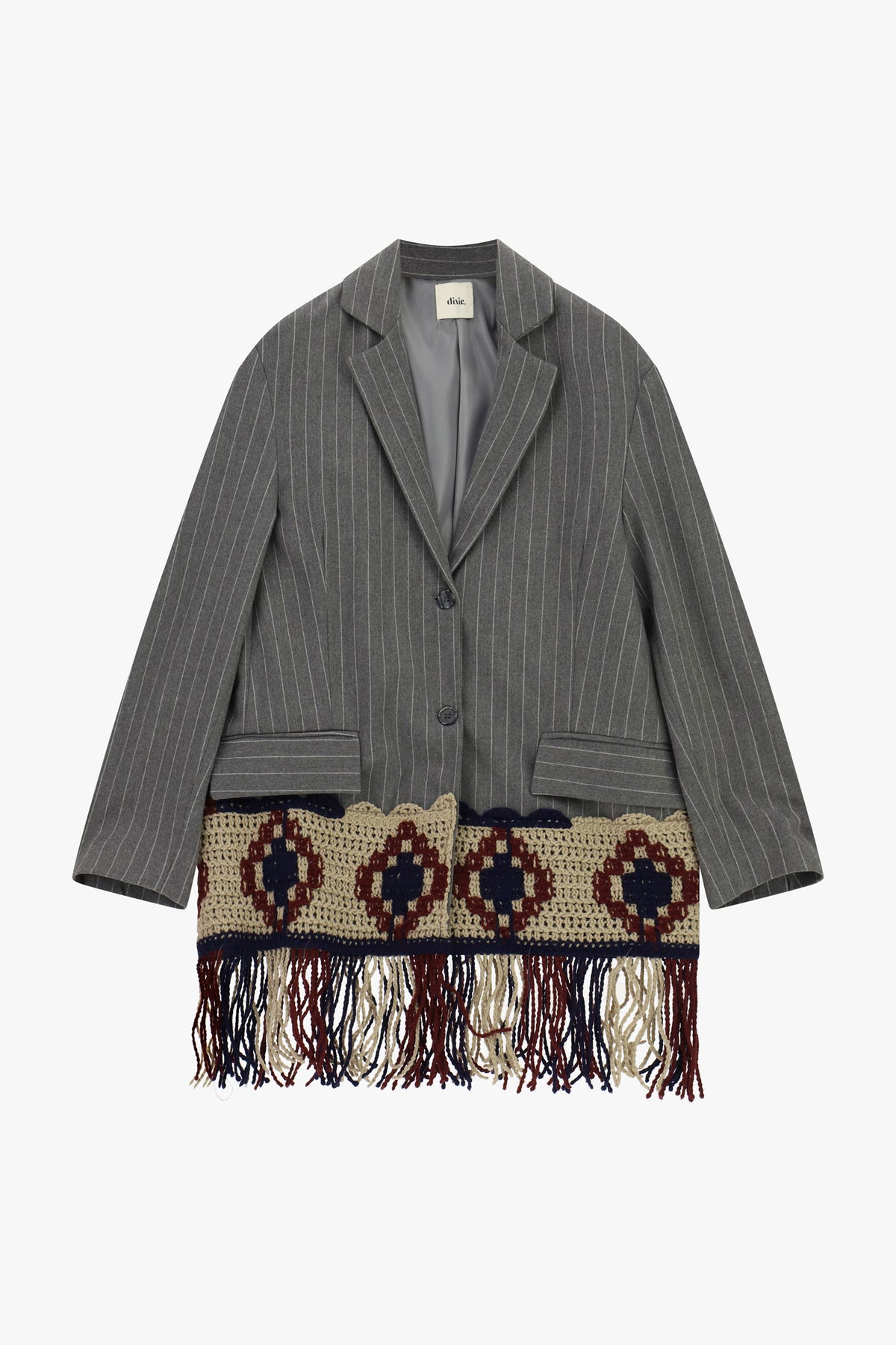 Blazer a righe con inserti crochet e frange