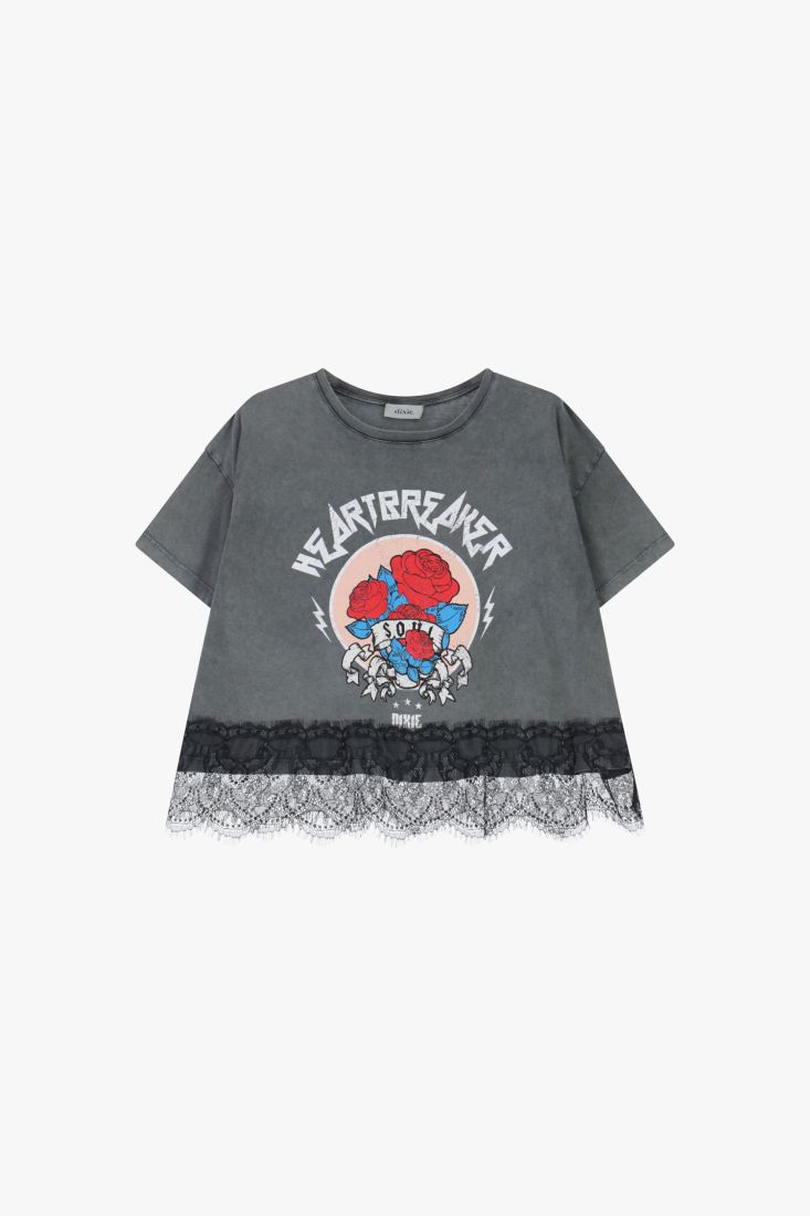 T-shirt cropped stampa rose con bordo in pizzo  SKU
