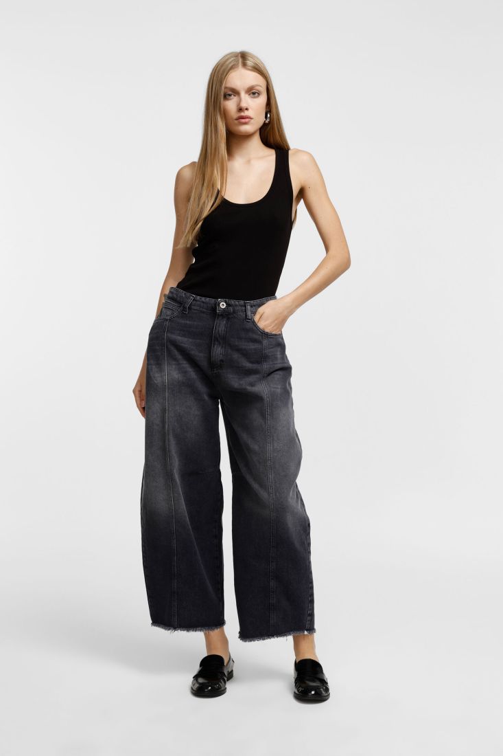 Pantaloni palazzo cropped a vita alta con fondo sfrangiato