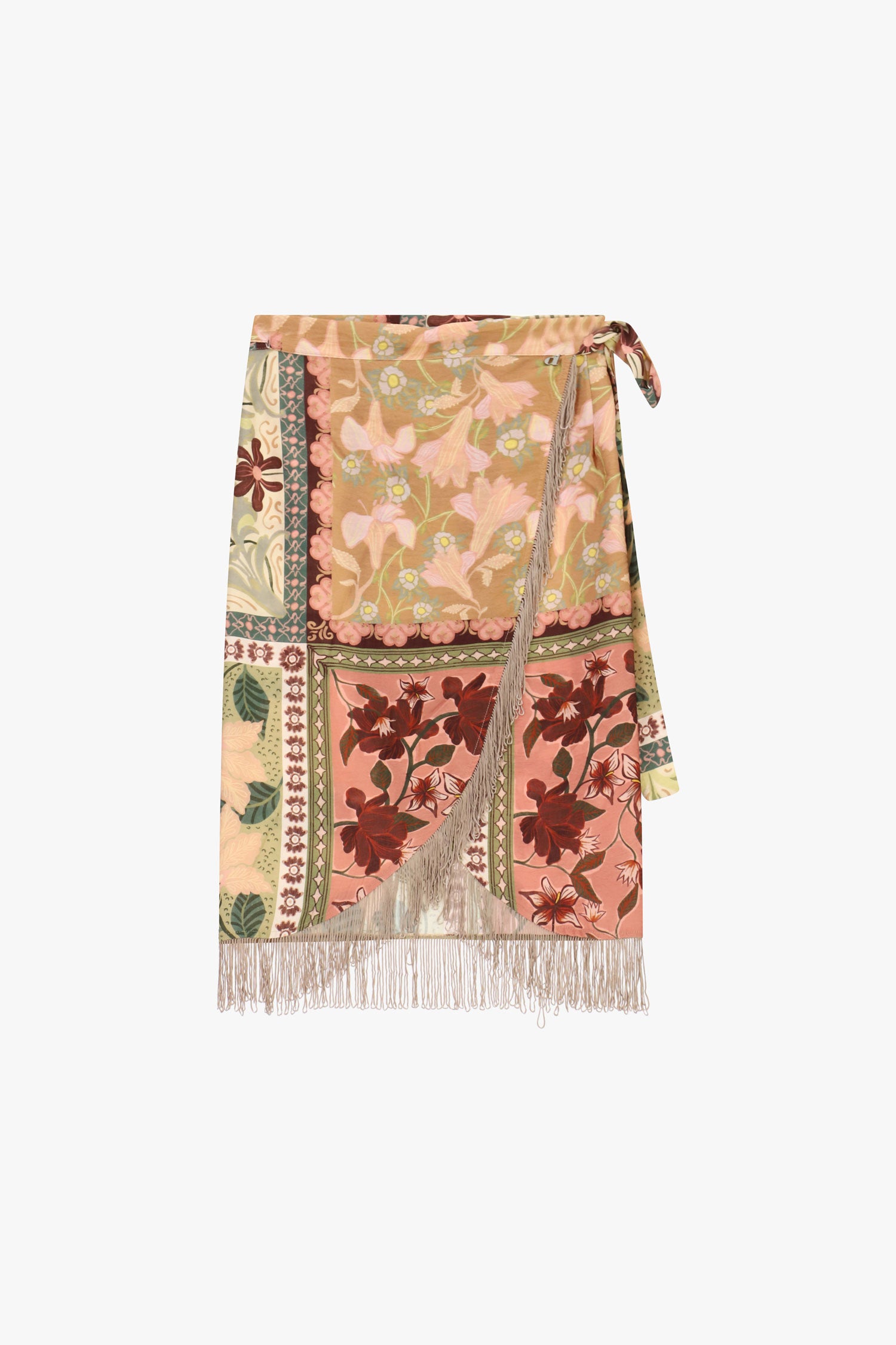 Gonna midi a portafoglio con stampa patchwork e frange