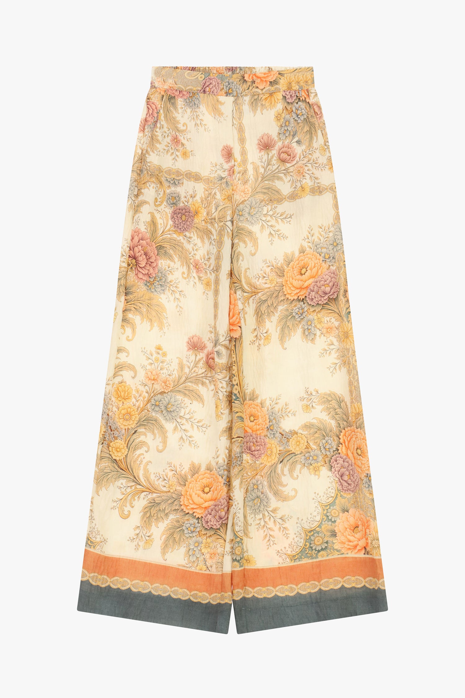 Pantaloni palazzo stampa floreale e fondo a contrasto