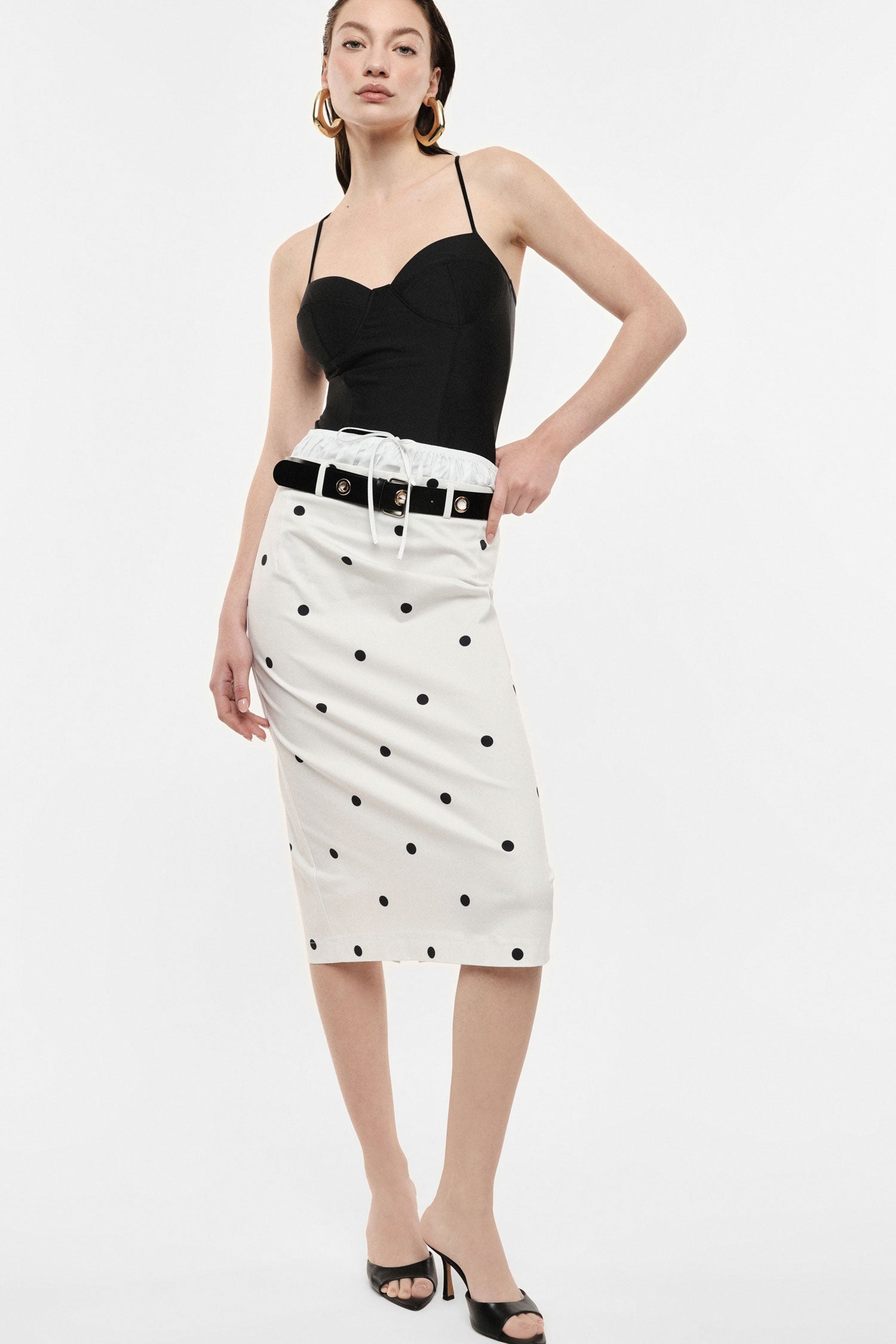 Gonna midi a pois con cintura e coulisse