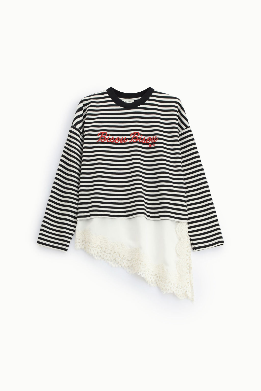 T-shirt a righe con dettagli asimmetrici e bordo in pizzo