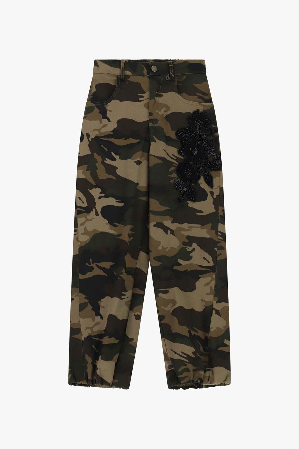Pantaloni palazzo fantasia mimetica con ricamo laterale