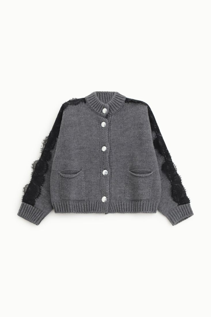 Cardigan corto con collo polo e inserti pizzo