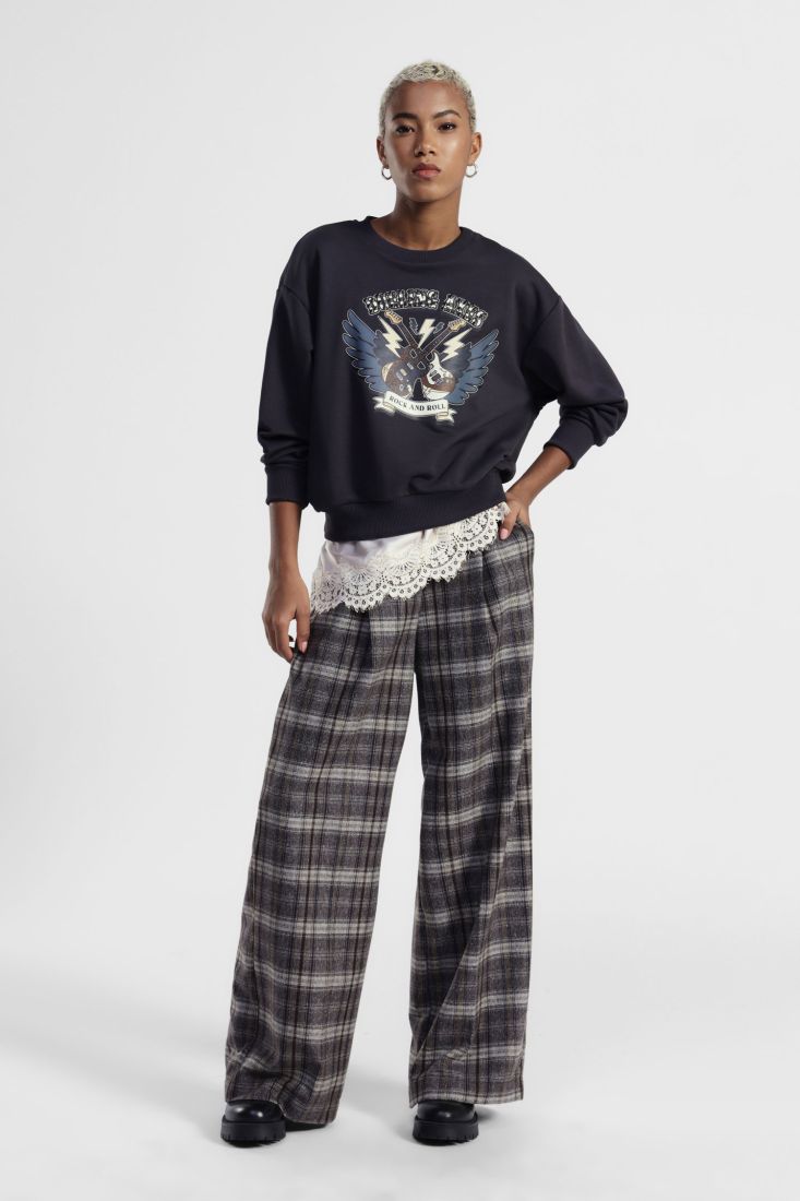 Pantaloni palazzo fantasia check vita alta