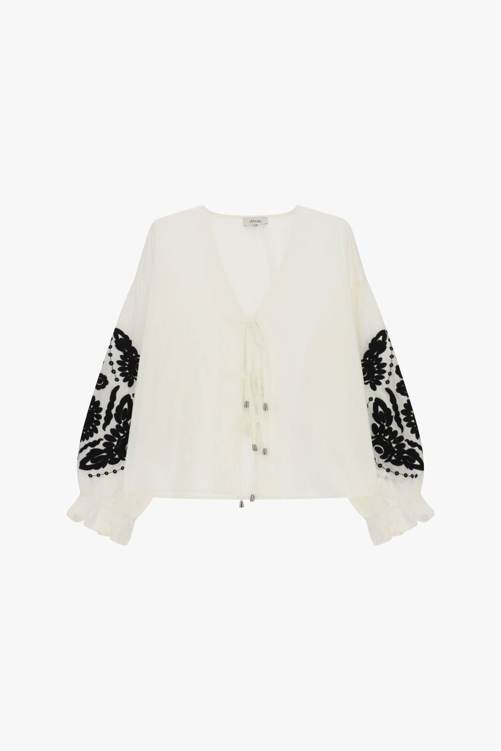 Blusa ampia con ricami floreali e laccetti