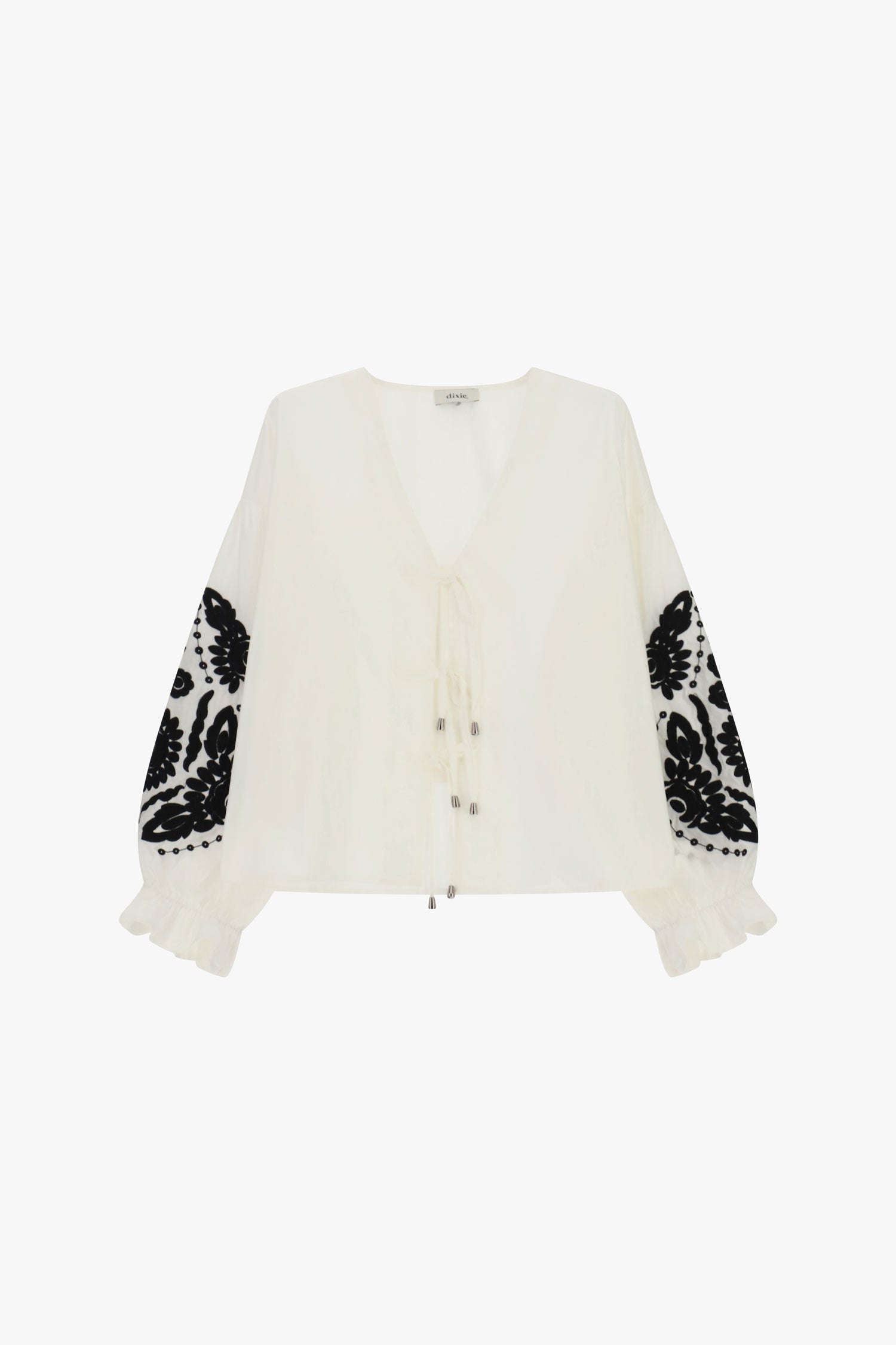 Blusa ampia con ricami floreali e laccetti