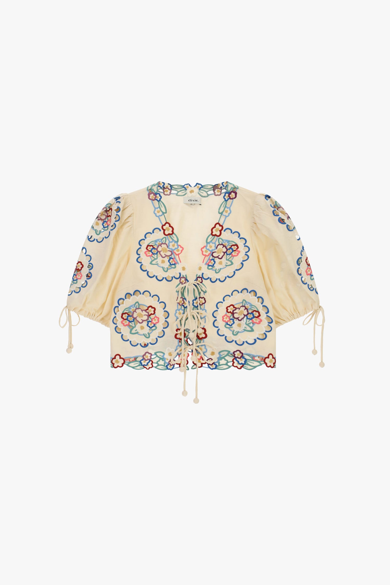 Blusa corta con ricamo floreale e laccetti