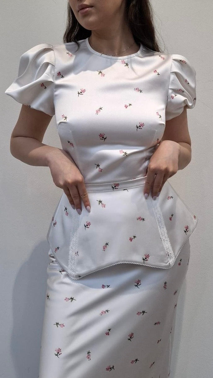 Abito Midi Satinato Micro Fiori con Corpetto Retrò