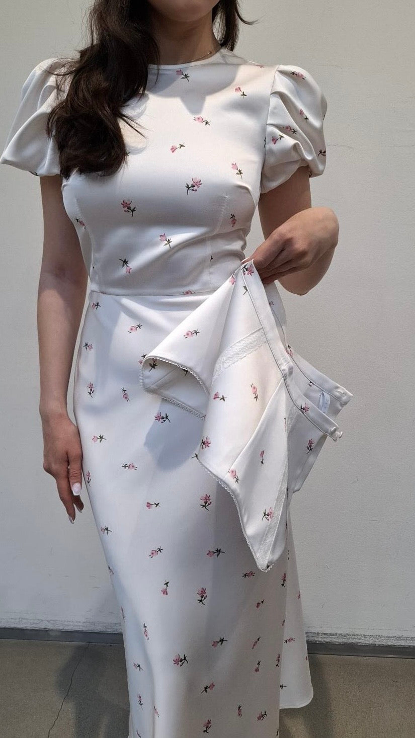 Abito Midi Satinato Micro Fiori con Corpetto Retrò