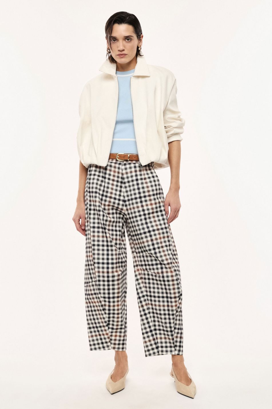 Pantaloni palazzo a vita alta con motivo a quadri