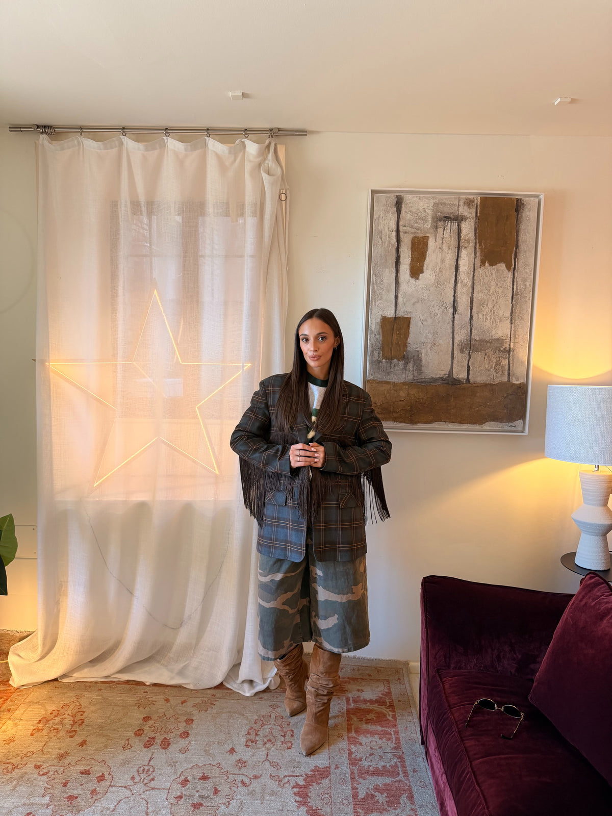 Blazer a quadri con frange decorative