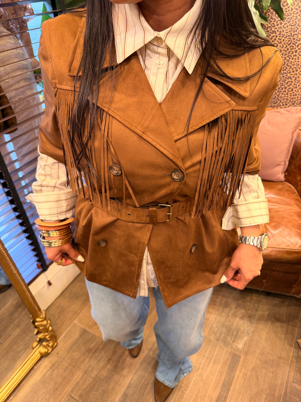Giacca camicia doppiopetto con frange e cintura