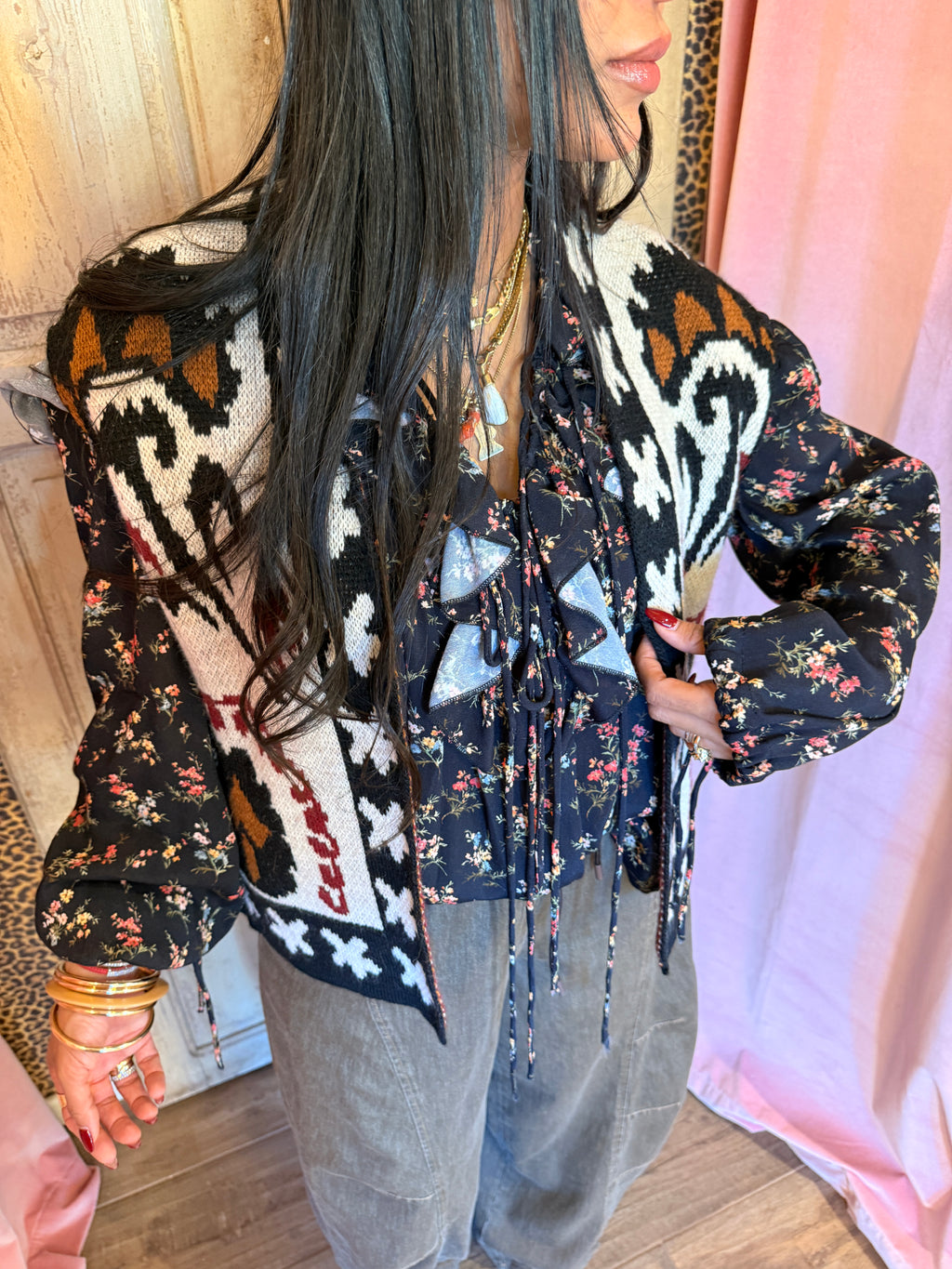 Gilet jacquard senza chiusura fantasia geometrica