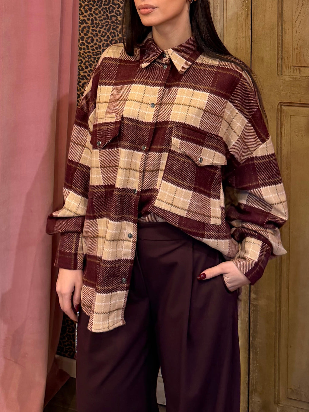 Camicia fantasia check misto lana