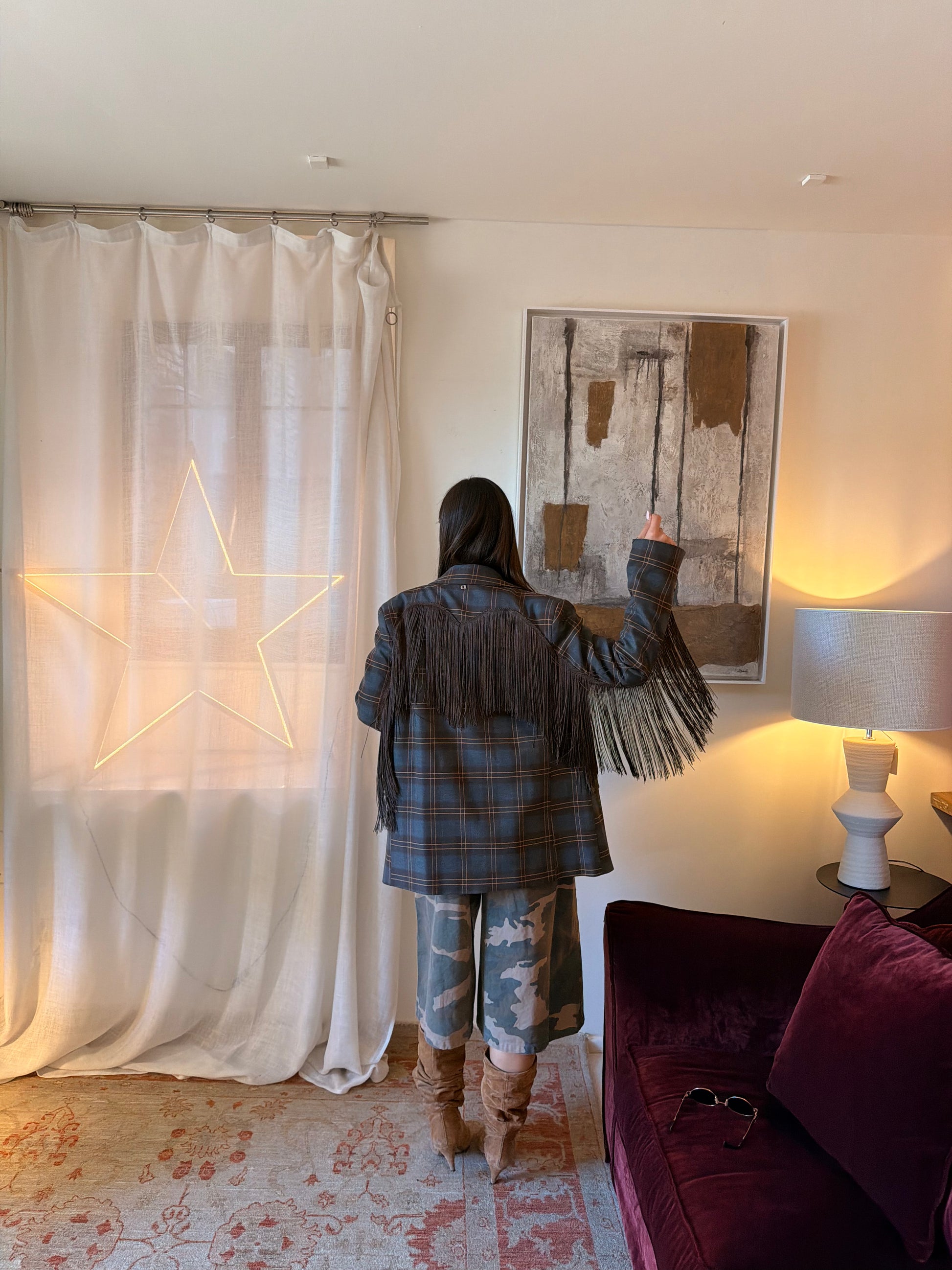 Blazer a quadri con frange decorative
