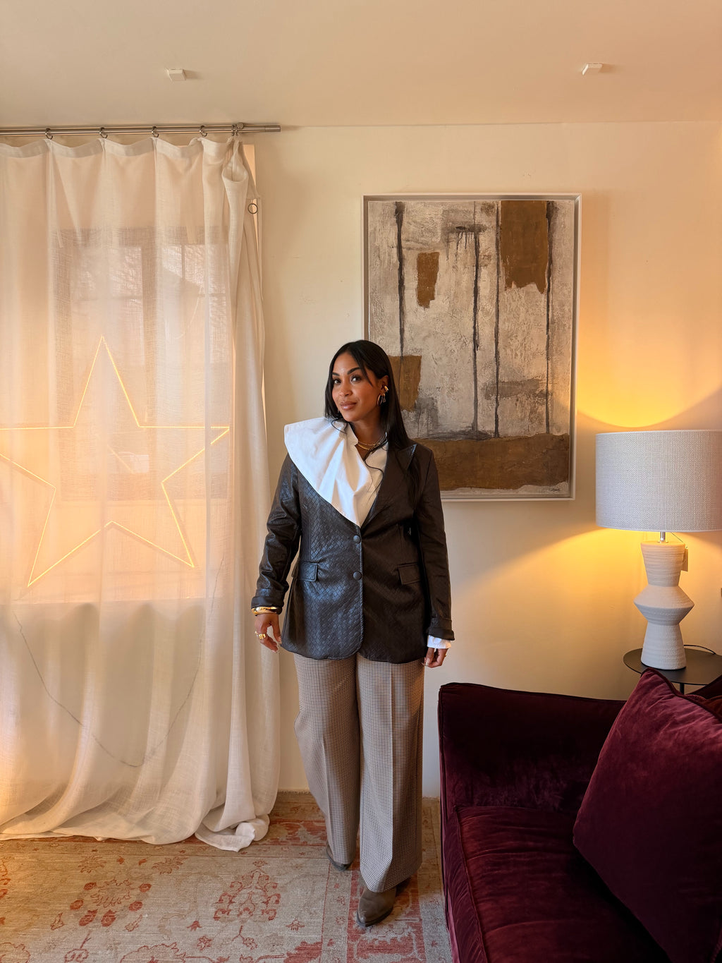 Pantaloni palazzo ampi fantasia micro-check